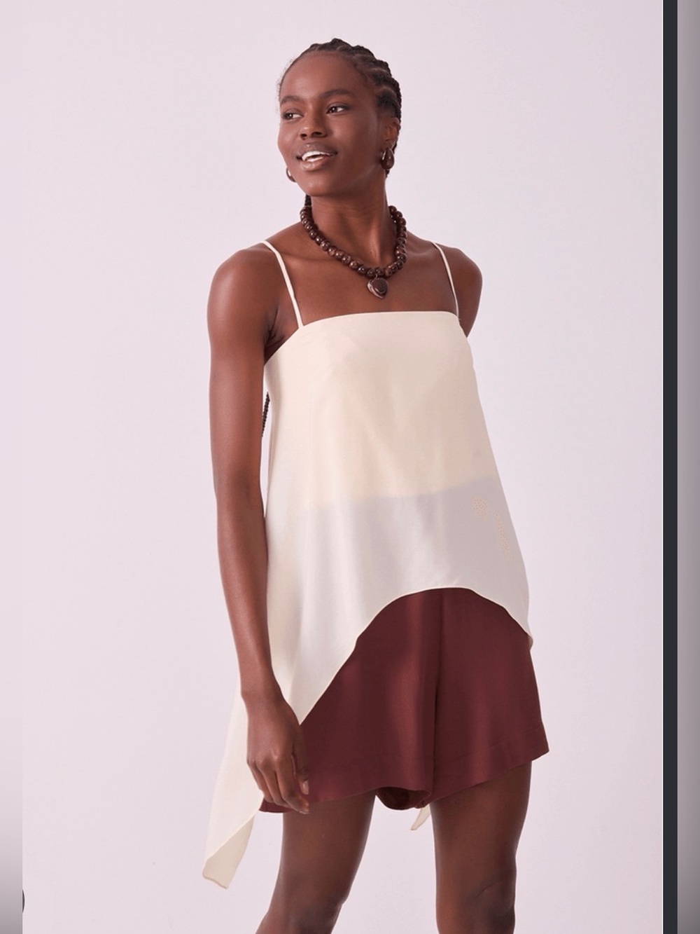 Dress To Macaquinho Crepe Off-White Brown Romper Two-Tone Asymmetric Slip Top
